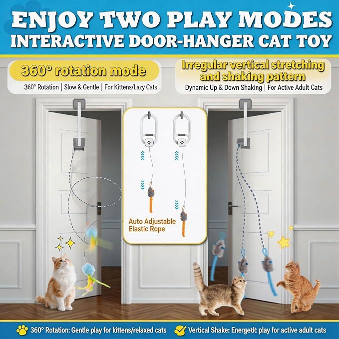 Interactive cat toy, Electric cat teaser, Door clip, 2 Motion modes,Gray | 360° Rotation • Random Jumping • Type-C Rechargeable • Door Clip Design • For Indoor Cats