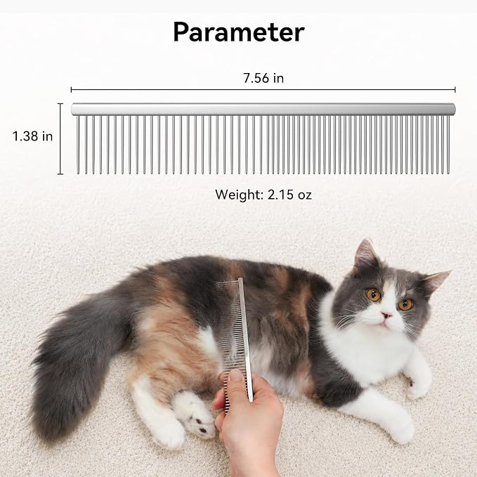 Stainless Steel Dog & Cat Comb with Coarse/Fine Teeth, Professional Pet Grooming Tool, Dematting Undercoat Comb for Long Hair, Double Coats Dogs Cats Removing Tangles and Knots, Silver