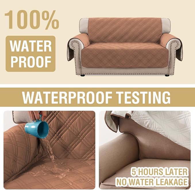 H.VERSAILTEX 100% Waterproof Sofa Covers for 2 Cushion Couch Modern Sofa Covers Waterproof and Washable Thick Soft Couch Cover for Dogs with Elastic Straps (Loveseat, Terracotta/Beige)