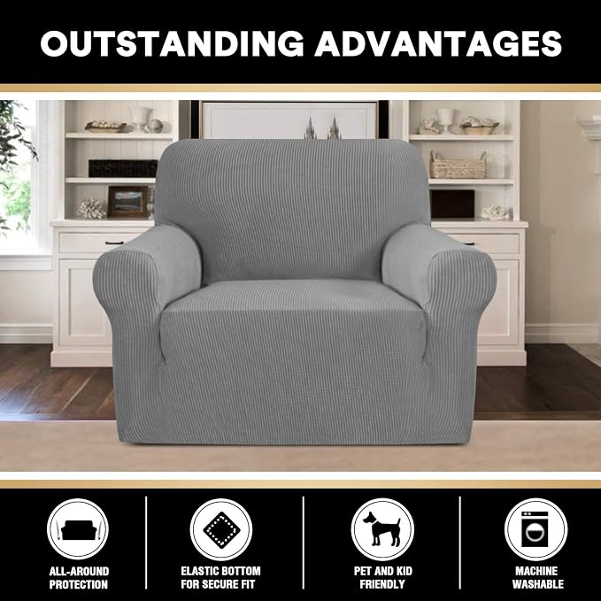 Stretch Chair Cover Chair Slipcovers with Arms 1-Piece Chair Sofa Slipcovers or Living Room Non Slip Armchair Cover Furniture Protector Dogs Pet Friendly(Armchair,Dove)