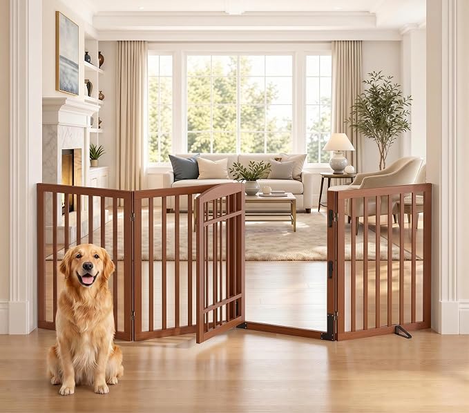 Homykic Dog Gate Indoor, 94.5" W x 30" H Extra Wide Foldable Bamboo Pet Gate with Door, No Assembly Freestanding Dog Fence with 2 Support Feet & 360°Hinges for Doorways Hallways (Walnut, 4 Panels)