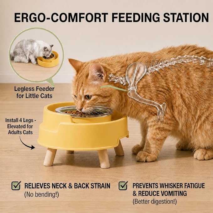 Ant Not Cross Elevated Cat Bowls Mess Proof-2 Food Grade Glass Bowls & 1 Lids- No Spill Cat Food and Water Feeding Station for Cats&Puppy Indoor & Outdoor,No Whisker Fatigue Dish,Yellow