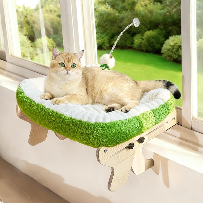 Wooden Cat Window Perch Bed, White and Green | Sturdy Wooden Frame, Removable Washable Cover, Window Sill Hanging, All Seasons Comfort