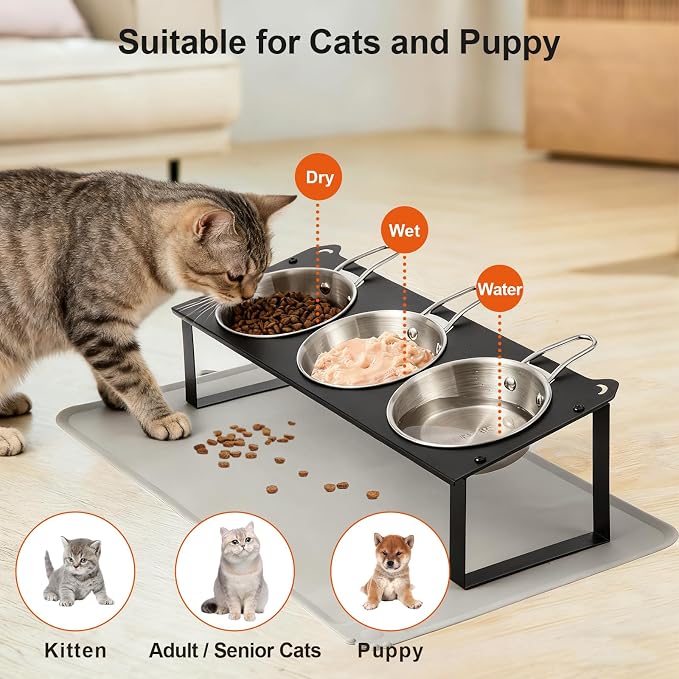 Elevated Cat Bowls with Food Mat, 10°Tilted Non-Slip Raised Cat Food Water Bowls Set, 3 Thick Stainless Steel Pets Dishes with Handles to Indoor Kitten Puppy, Anti-Vomiting Cute Metal Feeding Stand