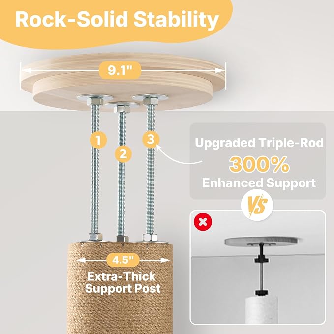 Veehoo Floor to Ceiling Cat Tree, 61-113" Adjustable Tall Tension Cat Tower | 4.5" Sturdy Thickened Scratching Posts, Space-Saving, 6 Tier Climbing Pole, No Drilling, Corner Tree for Indoor Cat, Wood