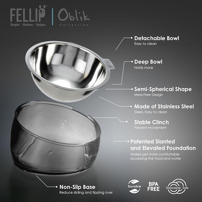 Felli Oblik 15° Tilted Small Animal Bowls for Pet Food & Water 6 oz Stainless Steel Dish Removable, Slanted Metal Plate Feeder for Kitten Puppy Rabbit Bunny Guinchilla Pig (0.75 Cups, Smoky)