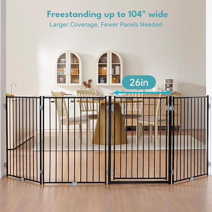 No Pawblems Free Standing Dog Gate with Door, 36'' Tall Foldable Dog Fence for Indoor & Outdoor, Up to 104 Inch Extra Wide Puppy Gate for Stairs, Hallways, Doorways, Deck, Yard (Black, 4 Panels)