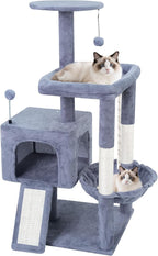 TWDEPART 37.5" All-in-One Cat Tree Tower with Scratching Board & Posts Cozy Sleeping Perch Hammock and Toy Balls,Grey