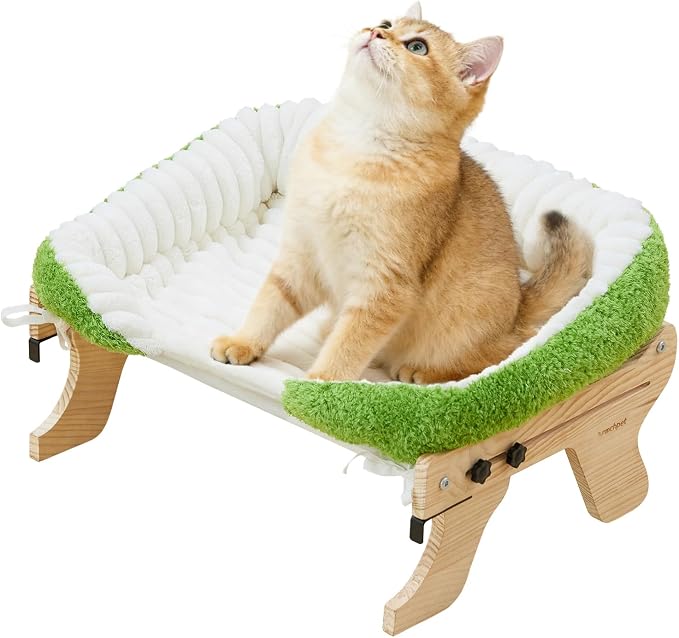Wooden Cat Window Perch Bed, White and Green | Sturdy Wooden Frame, Removable Washable Cover, Window Sill Hanging, All Seasons Comfort