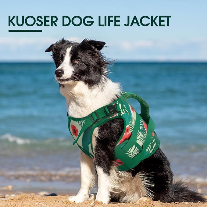 Kuoser Dog Life Jacket, High Flotation Reflective Dog Life Vest, Printed, M | Adjustable Dog Lifejackets for Small Medium Large Dogs, Lifevest with Rescue Handle for Swimming, Boating, Lake, Beach & Pool