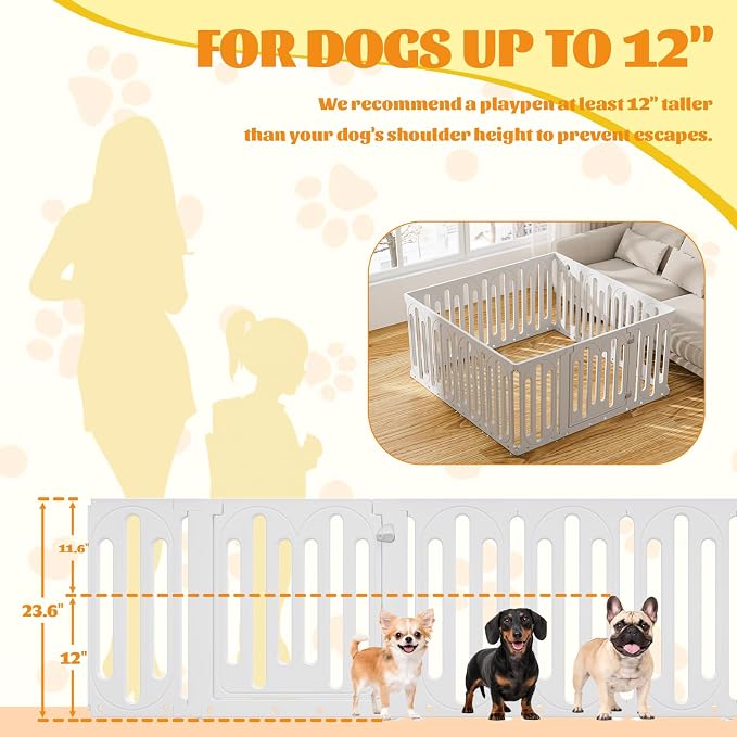 23.6" Dog Playpen for Puppies and Small Dogs, 15 Panel Indoor Pet Fence with Door&Feeding Bowl, Remove Puppy Exercise Pen, Non-Slip Dog Enclosure for Home, Apartment, Rabbit and Small Pets, White