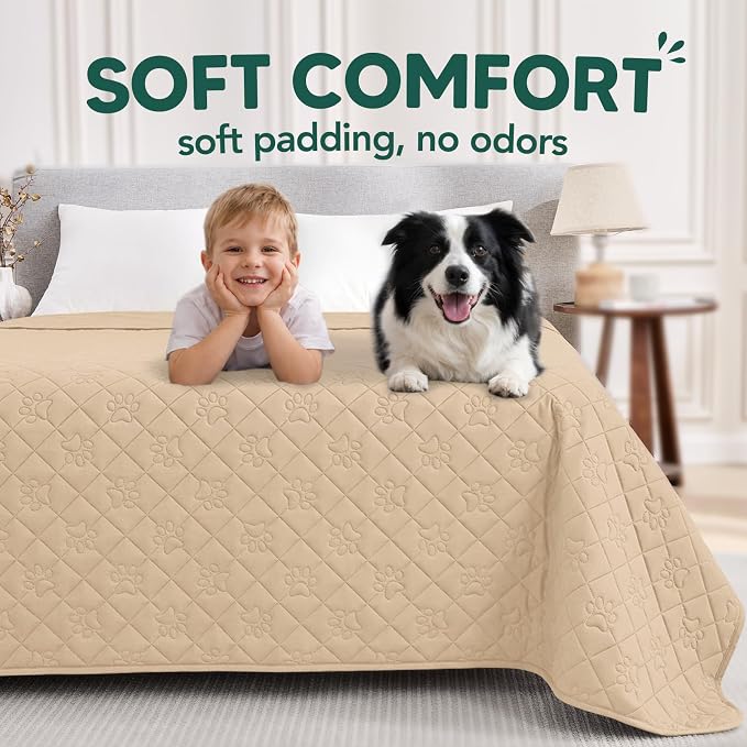 PAWFINITY Waterproof Bed Cover for Dogs, Pet Blanket for Mattress Washable | Paw Print Quilted, Hair Resistant, Anti Cat Scratch, Pee Proof Furniture Protector for Bed, Couch and Sofa, 52x82 Inch, Beige
