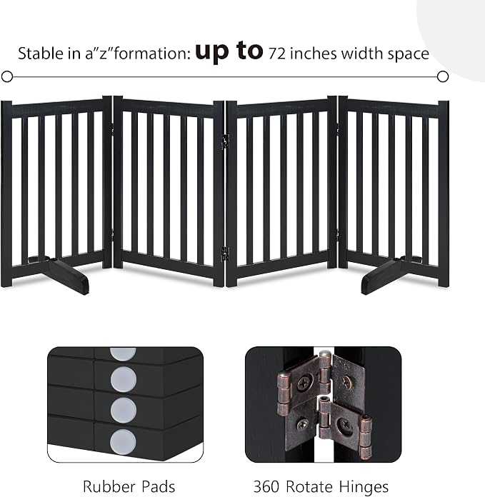 LZRS Wooden Free Standing Dog Gate 80" W x 30" H, Foldable Solid Hardwood Pet Safety Fence for House Doorways, Stairs, Hallways, Step-Over Pet Barrier, No Drill Easy Setup, Black