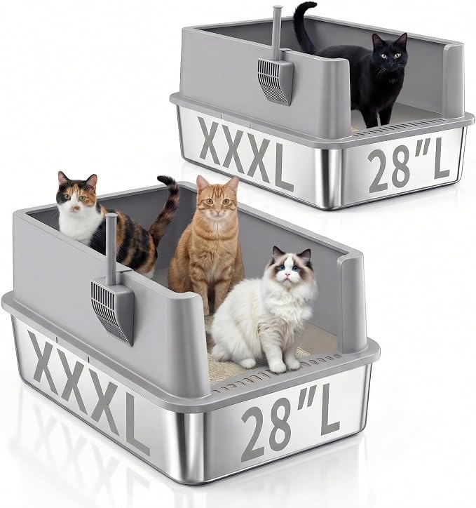 Jotesnew 2 Pack 28" Extra Large XXXL Stainless Steel Cat Litter Boxes with Lid Metal Cat Litterbox Pan for Big Cats and Multiple Cats, Anti-Leakage, Easy Cleaning, Include Scoop