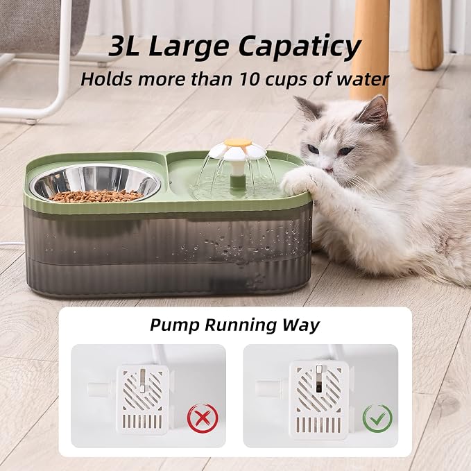 Cat Water Fountain and Food Bowl, 3L/101oz Ultra Quiet Pet Water Dispenser with Smart Pump and 3 Replacement Filters, Automatic Flower Fountain & Stainless Steel Bowl (Black & Green)