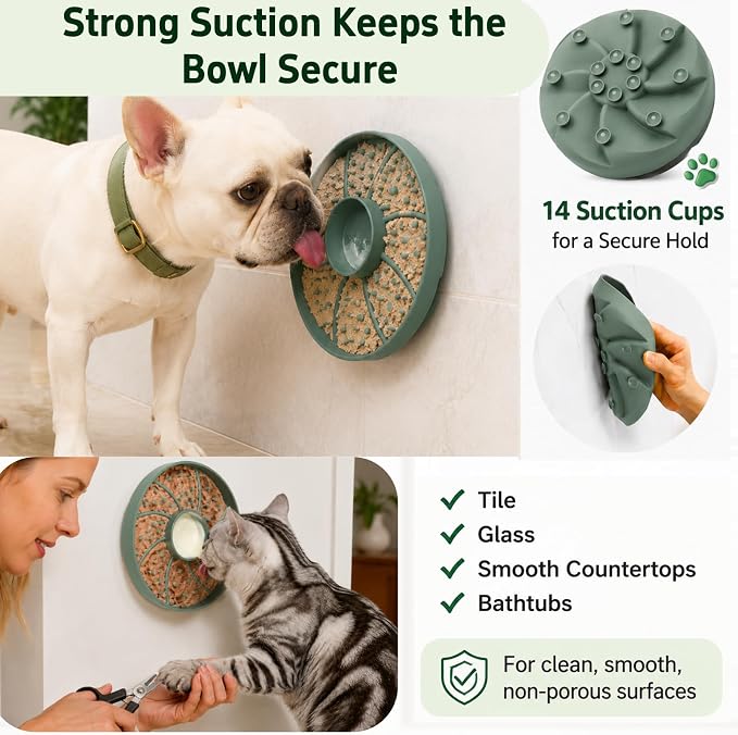 Slow Feeder Dog Bowl Silicone Suction Cup Anti Spill Dogs Cats Green | strong suction base prevents sliding, extends mealtime, reduces anxiety, textured surface, dishwasher safe