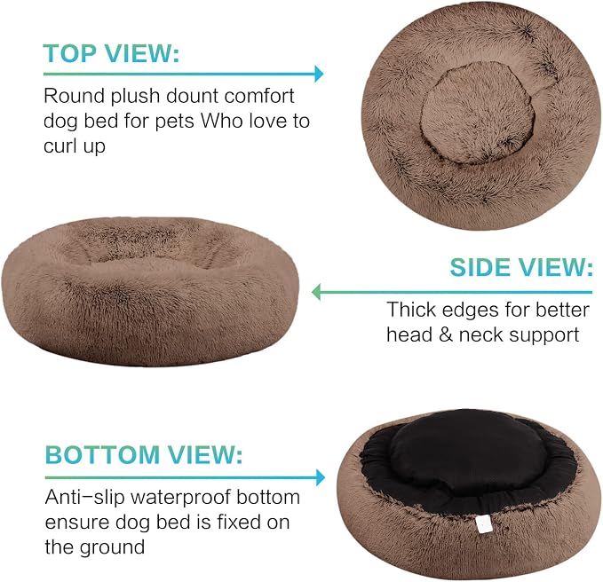 SAVFOX 36 inches Calming Donut Dog Bed - 3X Durable Plush Faux Fur, Machine Washable & Non-Slip, Fits up to 100 lbs, Brown