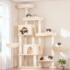 Hey-brother Cat Tree Tower with Stable Extended Base, 3 Platforms, MPJ038M | 70.9 Inches Multi-Level Sisal Scratching Posts, Wide Bed, 2 Cozy Condos, 2 Hammocks, Toy Balls for Indoor Cats, Beige