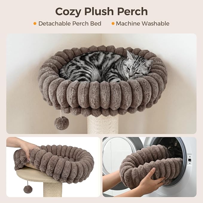 Avont 28.7" Sisal Cat Scratching Post with Large Plush Perch, Taupe | Large Cat Scratcher Tower & Plush Elevated Cat Bed with Removable & Washable Cover, Sturdy Cat Perch for Indoor Cats