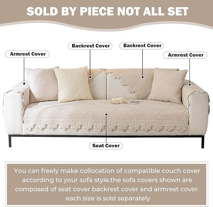 Cotton Quilted Dog Couch Cover for Sofa Farmhouse Rustic Embroidery Sectional Couch Cover Soft Anti-Slip Sofa Slipcover Furniture Protector for Kids, Pets (Khaki,43"x94")