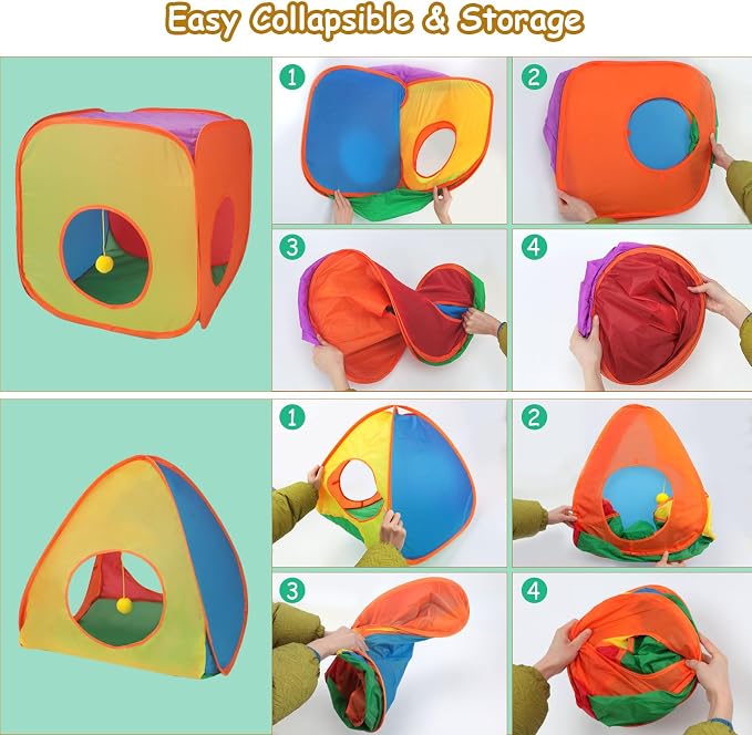 Rypet Cat Toy Tunnel and Cubes Bundle, Play Tubes for Indoor Cats,Rainbow | 3-in-1 Tunnel Cubes Tent, Crinkle Tube for Play, DIY Shapes, Ball and Bell for Play, Tear-Resistant Polyester, Folds Flat