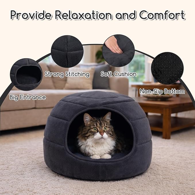 Hollypet Cat Bed Cave for Indoor Cats for Pets up to 15 lbs, Gray | Warm Cat Bed Cats Igloo Cave Condo, Covered Kitty House with Removable Washable Cushion, Cozy Enclosed Pet Bed for Small Dogs