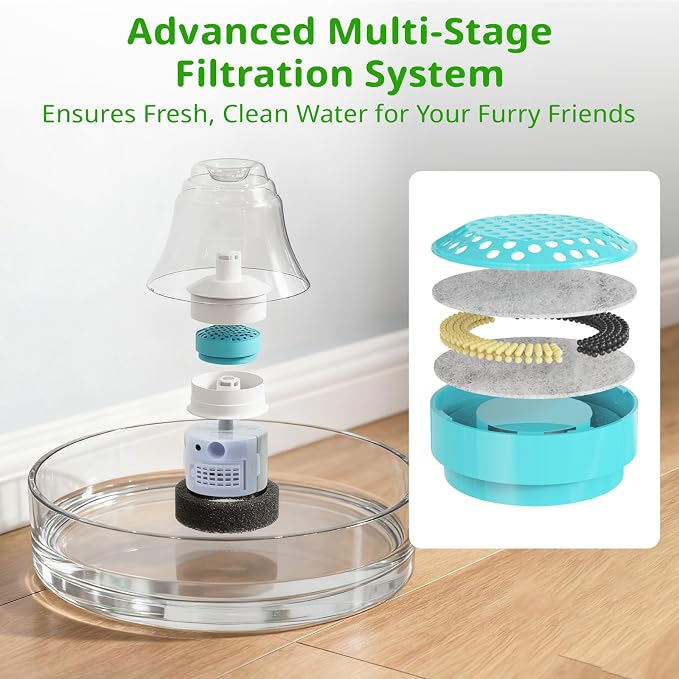 Glass Cat and Dog Water Fountain 90oz/2.7L, Compatible with Replacement Filters 16 Pcs (with 8 Sponges)