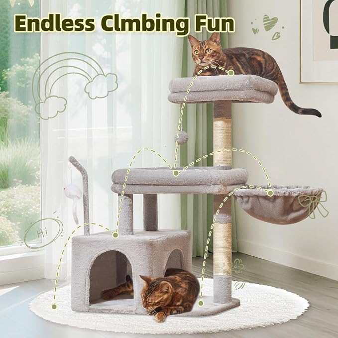 Taoqimiao 32.2in Cat Tree with Toy, Small Cat Tower for Indoor Cats, MS043W | Easy assembly, Sturdy, Multi Level, Easy Clean, Cozy Condo, Perches, Baskets, Suitable for Kittens and Adult Cats