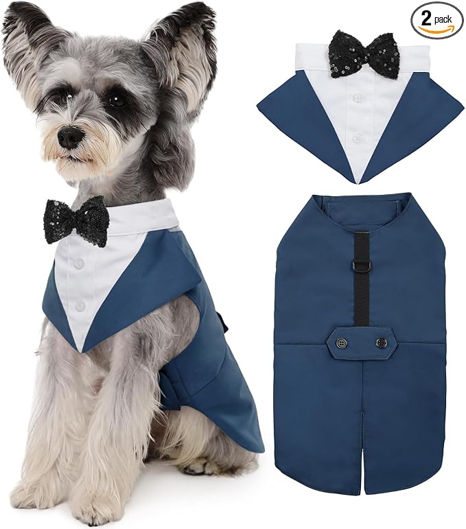 Kuoser Dog Tuxedo, Dog Suit and Bandana Set, Dogs Costume with D-Ring | Formal Dog Outfit with Detachable Bowtie Collar for Wedding, Birthday, Party, Christmas, Halloween, Royal Blue S