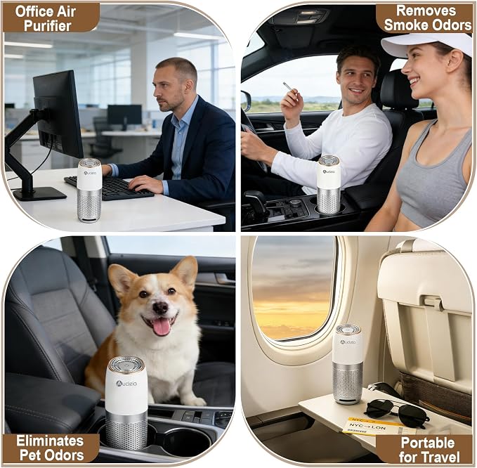 Aucleia Mini Portable Air Purifier for Car Office Travel, White Gray | Compact Air Purifier With Aromatherapy Function, Usb Powered Mini Usb Air Purifier Removes Pet Odor, Smoke, Dust And Pollen