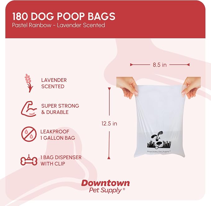 Downtown Pet Supply Scented Poop Bags for Dogs with Dispenser, 180 Count - Leak-Proof Dog Waste Bags and Bone-Shaped Dog Poop Bags Holder for Leash - Lavender Scented, 12.5" x 8.5"