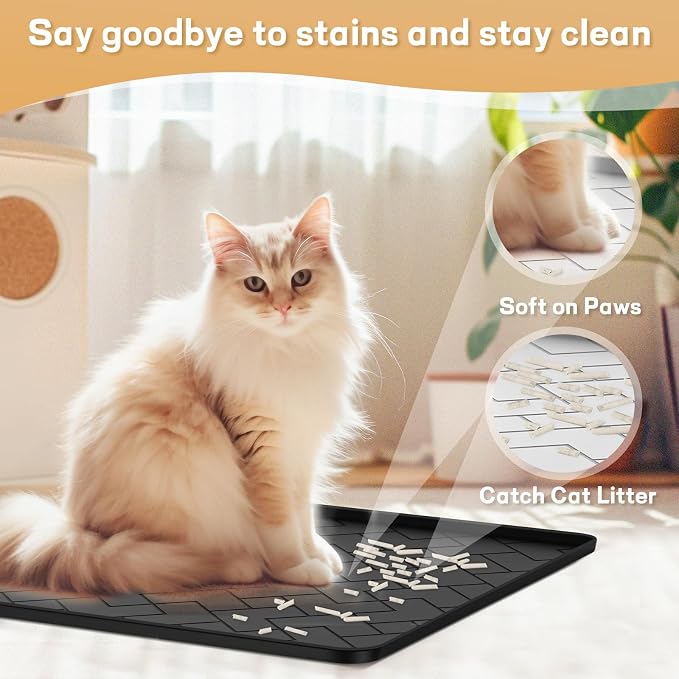 Silicone Cat Litter Mat for litter box Large 34" X 22"-Easy to Clean Cat Litter Trapping Mat, Waterproof, urine-proof and non-slip to keep the floor clean and tidy（Black）