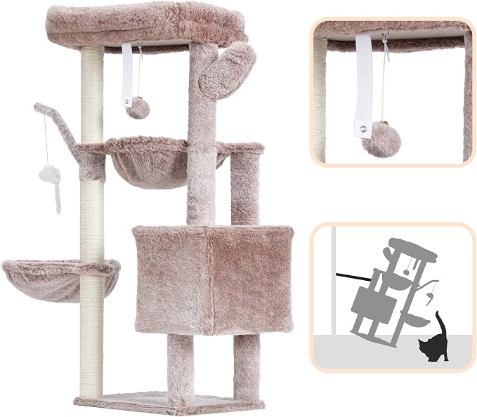 Heybly Cat Tree, 40" Tower with All-Sisal Wrapped Scratching Post HCT006SMU | Cat Tower for Indoor Cats, Cat Condo with Soft Platform, 2 Baskets and Dangling Toy, Rosy Brown