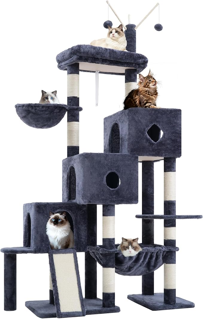 Hey-brother Cat Tree Tower with 3 Condos, Step Climbing Pathway MPJ081G | 74.8 Inches Scratching Post with 3 House, Hammock, Large Basket, Cozy Bed, Sisal Board, Toys for Big Indoor Cats, Smoky Gray