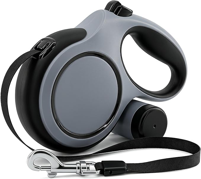 16ft Retractable Dog Leash for Medium Dogs up to 66 lbs, Gray | Heavy-duty nylon tape, tangle-free 360 for medium dogs up to 66 lbs. Built-in waste bag dispenser, one-hand brake & lock.