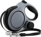 16ft Retractable Dog Leash for Medium Dogs up to 66 lbs, Gray | Heavy-duty nylon tape, tangle-free 360 for medium dogs up to 66 lbs. Built-in waste bag dispenser, one-hand brake & lock.