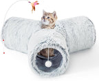 Tempcore Plush Cat Tunnel for Indoor Cats, 3 Way Collapsible Pet Play Tunnel with Teaser Wand, Peek Holes & Hanging Ball, Interactive Tube for Kittens & Rabbits, Light Grey