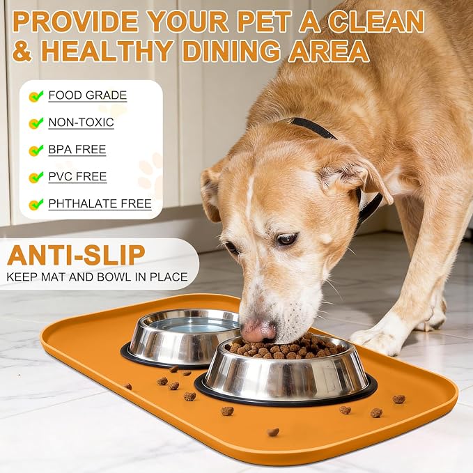SMILOOL Silicone Pet Food Mat with Raised Edge for Food and Water Bowl, Dog Feeding Mats, Cat Food Trays for Floor Waterproof, Rubber Tray for Dogs and Cats, 24 x 16 x 0.8 Orange