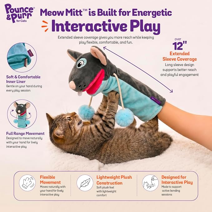Pounce & Purr Meow Mitt Wearable Cat Wrestling Glove Puppet - Mouse | Catnip & Silvervine plush hand puppet, crinkle sounds & wiggling arms - dual-layer interactive toy, indoor cats & kitten