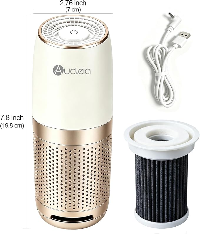 Aucleia Mini Portable Air Purifier for Car Office Travel, Champagne | Compact Air Purifier With Aromatherapy Function, Usb Powered Mini Usb Air Purifier Removes Pet Odor, Smoke, Dust And Pollen