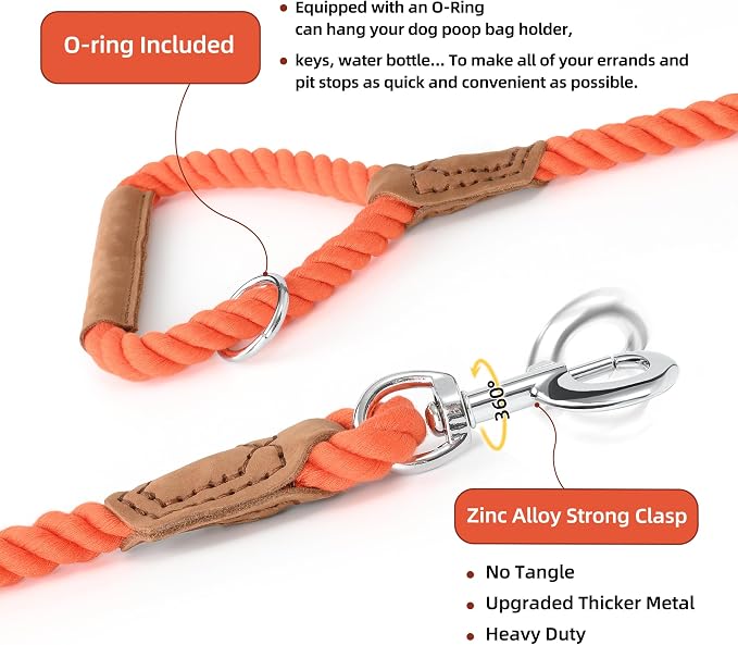Mile High Life Dog Leash Braided Cotton Rope w/Leather-Wrapped Ends/Handle | Rust-proof 360° swivel clasp, Heavy-duty for medium/large breeds. Great for weddings, daily walks (4 FT, 1/2", Orange)