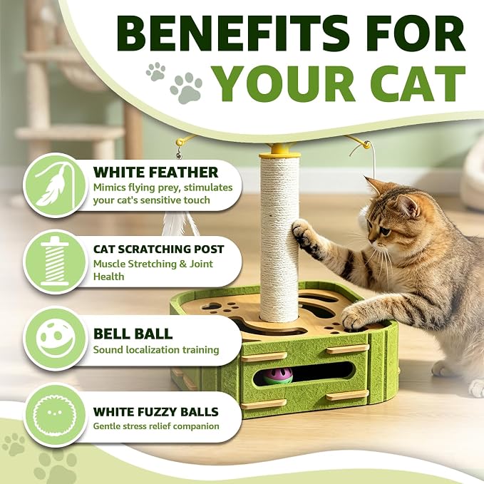 Cat Nail File Scratcher Boxs,Interactive Cats Puzzle Toys with Sisal Column Bell Balls,Indoor Cat Maze Hunting Game Toy for Scratching Mental Stimulation Boredom Relief