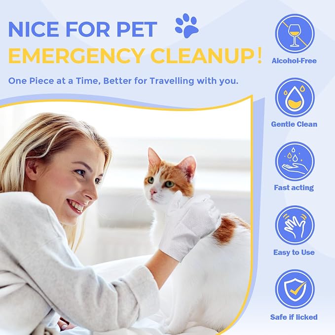 Pet Cleaning Glove Wipes for Dogs & Cats, Hypoallergenic Deodorizing Disposable No-Rinse Grooming Wipes, Extra Thick Bathing Wipes,Perfect for Pet Dry Cleaning,Daily Care and Travel,48 pcs