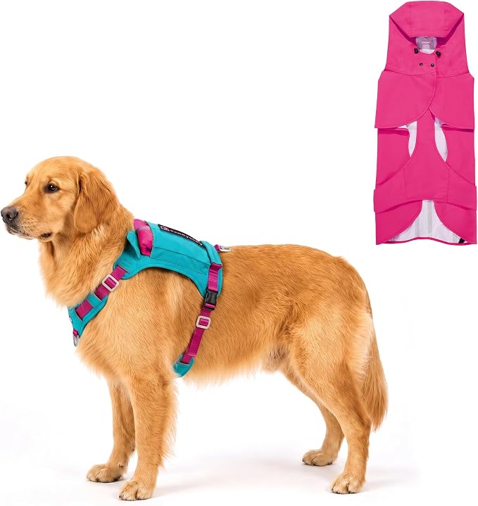 2-in-1 Dog Harness with Built-in Raincoat, Waterproof Packable Dog Rain Jacket, Reflective Adjustable Dog Rain Coat with Leash Portal, Aqua Blue Harness/Rose Red Raincoat, Small