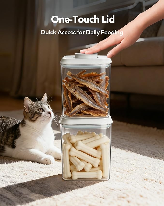 Dog Food Storage Containers 2 Pack, 4L/4.2 Qt Each Airtight Pet Canisters with One-Touch Lids, 130ml Scoops, BPA-Free Stackable Clear Kibble Holders for Kibble, Cat Food and Treats