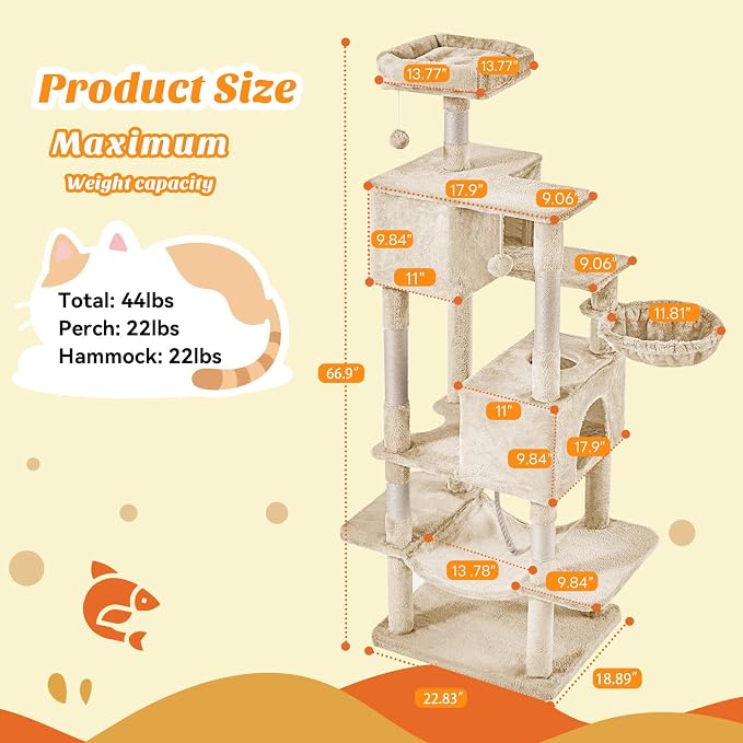 Sweetcrispy 66 Inch Cat Tree Tower, Multi Level with Hammock, Beige | Cat Climbing Tower with Natural Sisal Scratching Posts, Hammock, Pet Condo for Indoor Cats and Kittens Play