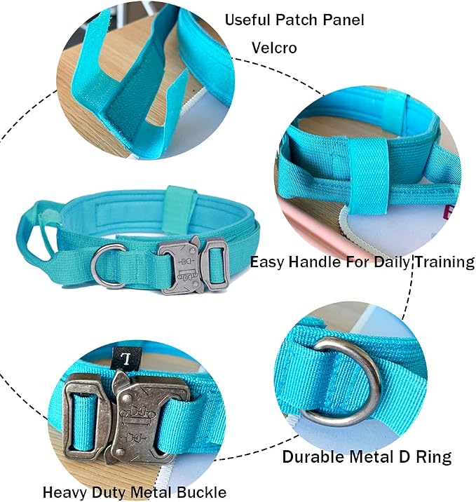 Tactical Dog Collar for Large Dogs with Control Handle,Blue,XL | 1000D Heavy-Duty Nylon Fabric,Quick-Release Metal Buckle,Adjustable Fit,Soft-Padded Webbing,D-Ring,for Training & Hiking