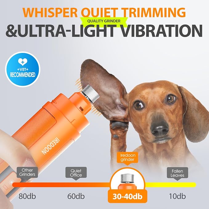 Dog Nail Grinder with 4 LED Lights, 3 Speeds Super Quiet for Pets | Low Vibration, Electric Pet Nail Grinder with 4 LED Light, Painless Paw Grooming & Smoothing for Small to Large Dogs (Orange)