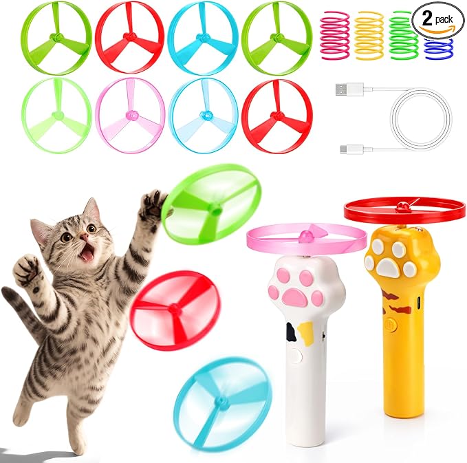 BABORUI Cat Toy Disc Launcher, Rechargeable Interactive Cat Fetch Toy Launcher with 16 Flying Discs, Flying Enrichment Toys for Indoor Bored Kittens & Adult Cats (Yellow+White)