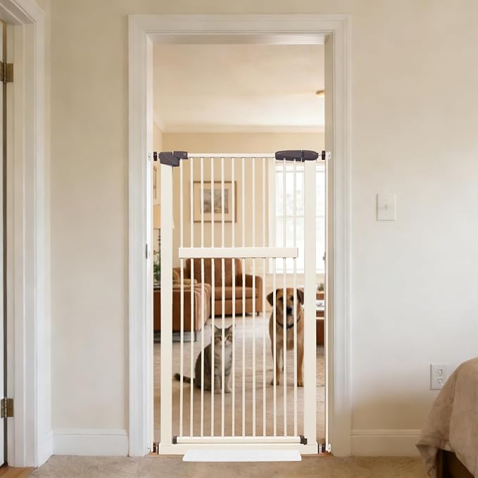 Lumizone 55.12" Extra Tall Pet Gate for Cat Dog 30.12"-34.05" Wide Cream | Extra Tall Cat Gate for Doorway Hallway Stairs Pressure Mounted 1.37" Gap No Drilling Auto-Close Dual-Lock